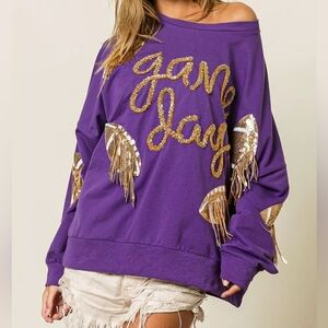 BiBi Sequin Football Patches Game Day Sweatshirt